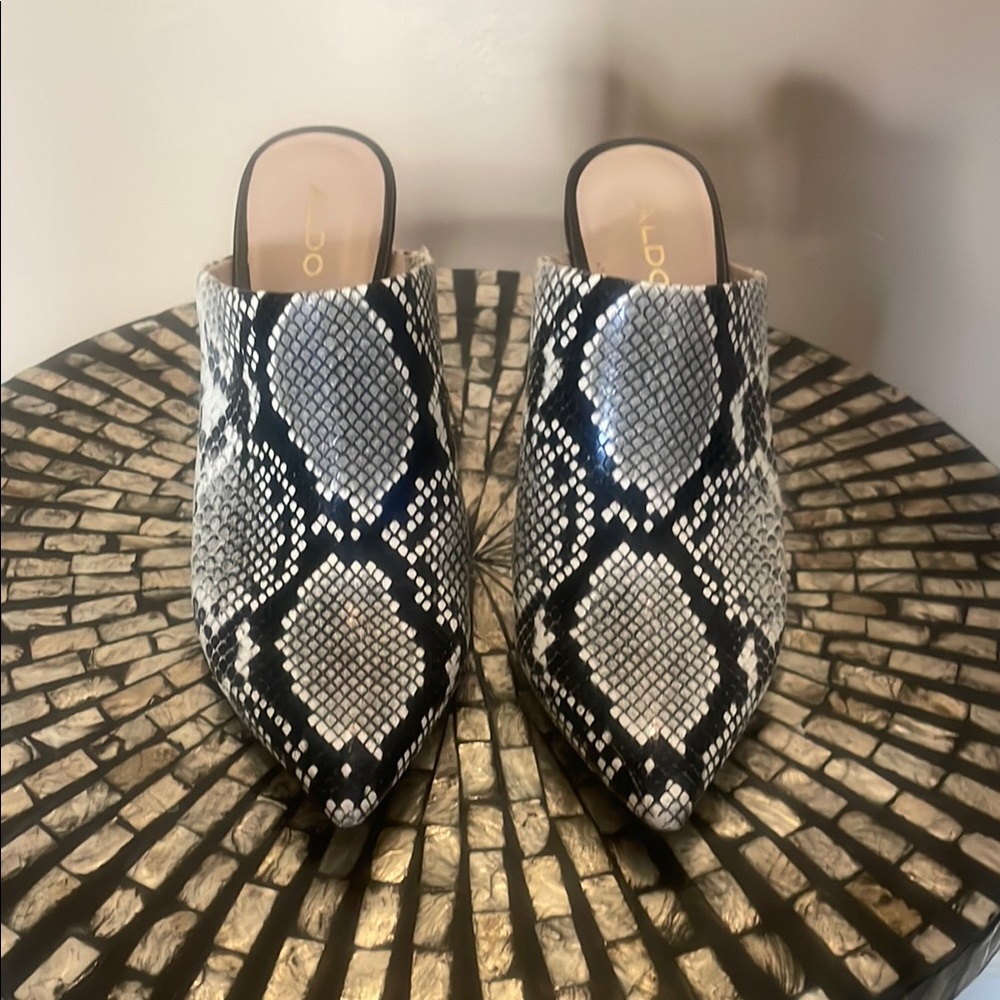 Aldo Black and White Mules with Snakeskin Print